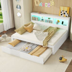 Lit enfant 140x200 cm avec lit gigogne, rangement de chevet, clairage led, prise usb, sans matelas, ...