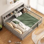 Lit enfant 140x200 cm gris pin - lit de repos avec chevet rangement, sommier lattes et parapet - (sans ...
