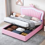 Lit enfant 140x200 coffre hydraulique, tte de lit rembourre couronne rose led, cuir pu, sommier lattes ...