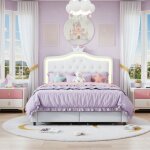 Lit enfant 140x200, lit simple princesse avec 2 tiroirs de rangement - t�te de lit lumineuse led - capitonnage ...