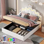 Modfu - lit enfant 140x200cm, lit double led, lit coffre, mod�le couronne, simili cuir, sans matelas, ...