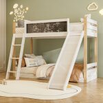 Lit enfant 2 places avec toboggan 90�190 / 200 cm, lit superpos�, antichute, en bois, sans matelas, blanc ...