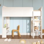 Lit enfant 90 x 200 cm, lit mezzanine, lit simple en bois avec rangements, armoire, tagres ouvertes, ...