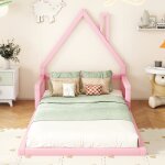 Lit enfant 90200cm, lit plat, forme maison, pin massif, forme simple, rose Lit enfant 90200cm, lit plat, forme maison, pin massif, forme simple, rose