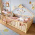 Lit enfant 90x190 cm, barri�re de s�curit�, sommier � lattes, forme de maison, naturel