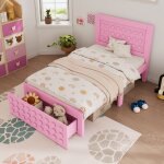Lit enfant 90x190 cm en bois massif avec tiroir et espace de rangement, design blocs cr�atif, rose