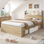 Lit enfant 90x190 cm avec �tag�re de t�te de lit 2 tiroirs et compartiments de rangement ouverts coloris ...