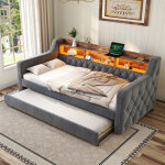 Lit enfant 90x190 cm avec lit gigogne 90x190 cm, �clairage led et port usb - c, �tag�res de rangement, ...