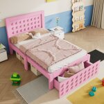 Lit enfant 90x190 cm - avec tiroirs et rangement sous le lit - avec sommier � lattes - mdf - rose(sans ...