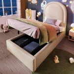 Lit enfant 90x190 rembourr� motif cosmique, cuir pu beige fille / gar�on - (sans matelas)