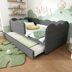 Lit enfant 90x190cm, canap� - lit gigogne avec sommier � lattes, tissu en lin gris, sans matelas