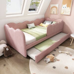 Lit enfant 90x190cm, canap� - lit gigogne avec sommier � lattes, tissu en velours rose, sans matelas