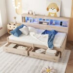 Wishdor - lit enfant 90x200 cm avec 2 tiroirs, 2 ports usb et 2 ports de charge, rangement de chevet, ...