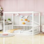 Lit enfant 90x200 cm en bois massif naturel - cadre robuste et durable - finition blanc brillant