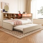 Lit enfant 90x200 cm avec lit gigogne 90x190 cm, �clairage led, prises �lectrique, compartiments de rangement, ...