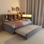 Lit enfant 90x200 cm avec lit gigogne 90x190 cm, �clairage led, prises �lectrique, compartiments de rangement, ...