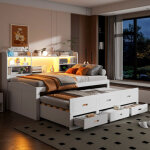 Lit enfant 90x200 cm avec lit gigogne 90x190 cm, t�l�commande led, 3 tiroirs, rangement de chevet, ports ...