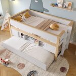 Lit enfant 90x200 cm - avec lit gigogne - multiples rangements - blanc + naturel (matelas non inclus) ...