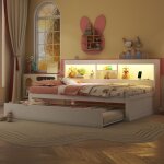 Lit enfant 90x200 cm avec lit gigogne, rangement de chevet, prise usb, clairage led tlcommande, sans ...