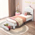 Pergar - lit enfant 90x200 cm, lit simple capitonn 90 x 200 avec tiroir, led rglable, lit princesse ...