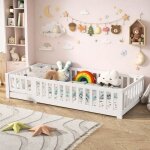 Lit enfant 90x200 cm - lit au sol enfant en bois naturel avec barri�re et sommier - charge jusqu'� 230 ...