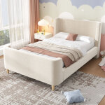 Lit enfant 90x200 cm en velours beige, design luge avec motifs cosmiques, pour garons et filles