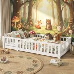 Lit enfant 90x200, lit simple, lit montessori, lit au sol avec barri�re et portillon de s�curit�, cadre ...