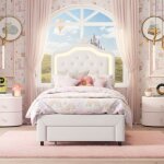 Lit enfant 90x200, lit simple princesse avec tiroir de rangement - t�te de lit lumineuse led - capitonnage ...