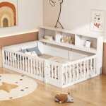 Lit cabane 90x200cm - lit enfant avec sommier  lattes, table de chevet avec coffre de rangement, barrire ...