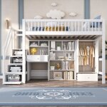 Lit enfant 90x200cm, bois, blanc - 2 tiroirs + armoire intgre + scurit barrires, lit mezzanine, ...