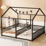 Lit enfant 90x200cm, , lit cabane, lit en mtal, barrire de scurit, matelas non inclus, lit double, ...