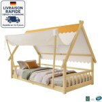Lit enfant 90x200cm - lit cabane enfant - tente amovible, sommier � lattes stable avec rails de s�curit� ...
