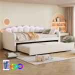 Lit enfant 90x200cm, canap� convertible avec lit gigogne, lit simple, velours, led, sans matelas, beige ...