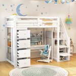 Lit enfant 90x200cm, lit mezzanine avec 4 tiroirs, étagères de rangement, rangement escalier, sans matelas, ... Lit enfant 90x200cm, lit mezzanine avec 4 tiroirs, étagères de rangement, rangement escalier, sans matelas, ...
