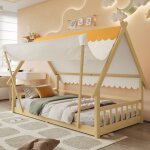 Lit enfant en bois 90x200cm, avec barri�res de s�curit� et tente amovible, lit cabane, sans matelas, ...