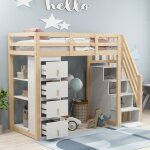 Lit enfant en bois 90x200cm, lit mezzanine avec 4 tiroirs, �tag�res de rangement, rangement escalier, ...