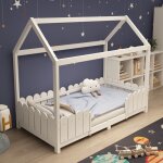 Lit enfant cabane 90x200 en bois - avec barri�re s�curit� et sommier lattes - gar�on / fille - couleur ...