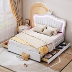 Lit enfant lit capitonné 140 x 200 cm, cadre de lit simple fille couronne blanche en cuir pu avec tiroirs ... Lit enfant lit capitonné 140 x 200 cm, cadre de lit simple fille couronne blanche en cuir pu avec tiroirs ...