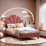 Lit enfant capitonn� 90x190, lit simple t�te de lit fleurie en velours ? sommier � lattes, confort doux ...