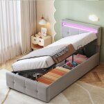 Lit coffre 90x200 cm lit simple d'enfant avec �clairage led et t�te de lit r�glable en hauteur, tissu ...