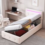 Lit coffre 90x200 cm lit simple d'enfant avec �clairage led et t�te de lit r�glable en hauteur, tissu ...
