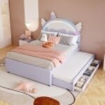 Rosahqnda - lit enfant cartoon, 140 x 200 cm, avec bande lumineuse led, avec 2 tiroirs, forme licorne, ... Rosahqnda - lit enfant cartoon, 140 x 200 cm, avec bande lumineuse led, avec 2 tiroirs, forme licorne, ...