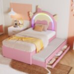Lit enfant cartoon, 90 x 200 cm, avec bande lumineuse led, avec 2 tiroirs, forme licorne, lit fille, ... Lit enfant cartoon, 90 x 200 cm, avec bande lumineuse led, avec 2 tiroirs, forme licorne, lit fille, ...