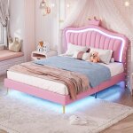 Lit enfant double couronne fille 140x200 - rembourr� cuir pu, leds - sommier lattes inclus - rose (sans ...