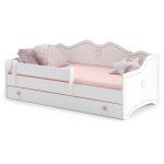 Lit enfant emma rose 180x80, blanc avec tiroir, barri�re, matelas et sommier pour chambre d'enfant