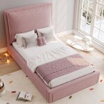 Lit enfant - fonctionnel - avec - sommier - lattes - t�te - rembourr�e - chenille - rose - et - rangement ...