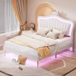 Lit enfant avec lampes led, double couronne blanche en cuir pu, lit cabane enfants 140 x 200 cm, lit ...