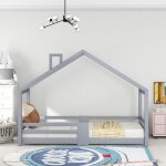 Lit cabane 90x200 cm lit simple d'enfant avec chemine, barrires de scurit et sommier  lattes, en ...