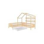 Lit d'enfant lit de maison avec tiroirs et �tag�res, en bois massif avec cl�ture et sommier � lattes, ...
