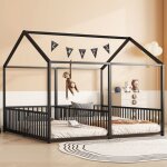 Lit d'enfant en m�tal 90x200 cm, barri�res, �chelle, moulures, lit double, cadre en fer - noir